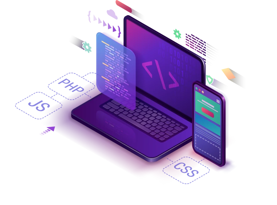 Laptop und Smartphone mit Code-Editor im Bildschirm